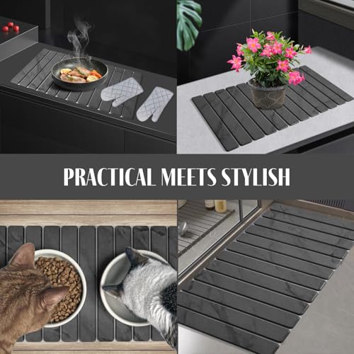 Extra Large Stone Dish Drying Mat for Kitchen Counter, 28"(L)×16 "(W) Foldable Quick Dry Dish Drying Mats, Absorbent Diatomaceous Earth Stone Drying Mats for Plate Rack Bottles Cups - Gray Marble - color: Grey Marble