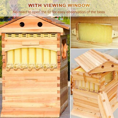 Beehive Starter Kit, Self-Flowing Honey Beehive with Observation Window and Honey Spout, Bee Hives Boxes with Built-in Honey Extraction System for Backyard Beekeeping Cabin Style Beehive
