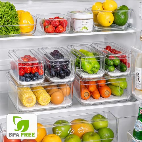 SMRCAD 6 Pack Clear Fridge Organizer Bins with Drain Trays - Stackable | BPA-Free PET, 6 Pack: 6 lidded Bins (Not drawer), Helps Keep Produce Fresh, 14L Capacity, Hand Wash Only - size: 6 Bins (No Pull-out Drawer)