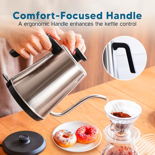 Nueve&Five Electric Gooseneck Kettle with Thermometer, 1.0L Pour Over Hot Water Kettle for Coffee and Tea, 1000W, Auto Shutoff, Boil-Dry Protection,Stainless Steel - color: Stainless Steel