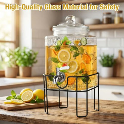 Drink Dispenser, Drink Dispensers for Parties, 1 Gallon Glass Beverage Dispenser with Stand and Glass Lid, 100% Leakproof Spigot, Ideal for Lemonade, Juice, Iced Tea, Laundry Detergent - size: 1 Gallon