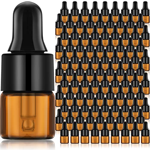 Nuogo 100 Pcs Mini Amber Glass Oil Dropper Bottle Bulk, Clear Essential Small Empty Sample Vial with Dropper and Black Caps Tiny Amber Glass Bottles Perfume Jars for Travel(1 ml) - size: 1 ml