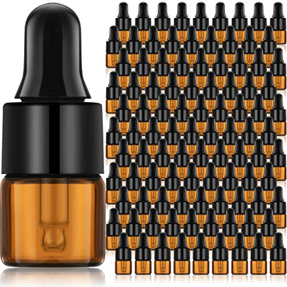Nuogo 100 Pcs Mini Amber Glass Oil Dropper Bottle Bulk, Clear Essential Small Empty Sample Vial with Dropper and Black Caps Tiny Amber Glass Bottles Perfume Jars for Travel(1 ml) - size: 1 ml