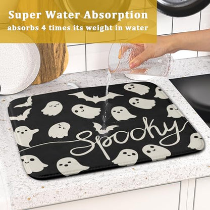 Halloween Dish Drying Mat for Kitchen Counter 16x18 Cute Ghost Black Spooky Holiday Scary Theme Absorbent Reversible Microfiber Drying Mats Kitchen Countertop Protector Dishes Drainer Pad - size: 16" x 18"