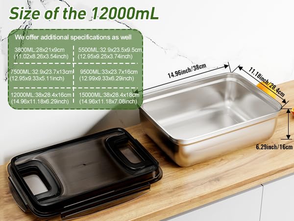 Extra Large Stainless Steel Food Container with Airtight Lid, 405 OZ Giant Metal Storage Box, Heavy Duty 304 Meal Prep Pan for Marinating Meat, Turkey, kimchi. - size: 12000ML/423OZ