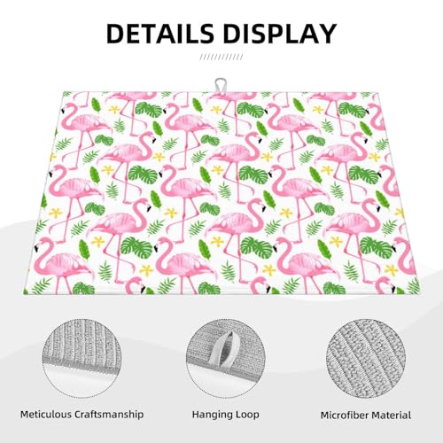 Pink Flamingo Leaf Dish Drying Mat For Kitchen Counter, Super Absorbent Microfiber Dish Drying Pad, Kitchen Gadgets For Easy Clean Multi-Use Large 18"x24" - color: Pink Flamingo Leaf