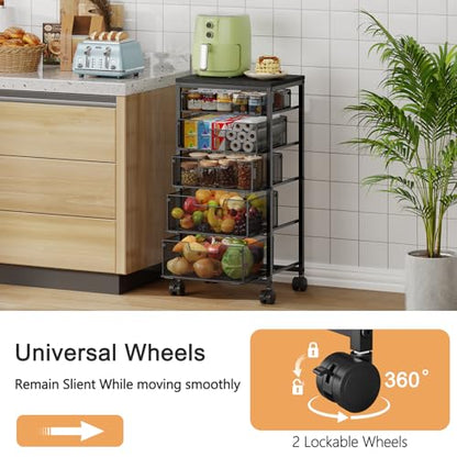Kitchen Storage Cart with Drawer, 5-Tier Fruit Vegetable Storage Cart, Kitchen Organizer and Storage Cart with Wheels, Wooden Top Metal Wire Pantry Storage Cart rack for Fruit Snack Onion Potato - size: 5-Tier Black