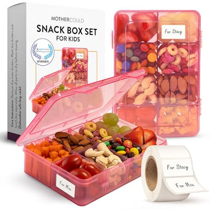 Snack Box Containers Set of 2-Reusable,100 Dissolvable Labels, 8 Adjustable Compartments, Dishwasher Safe, BPA-Free, Meal Prep Container, PARENT TESTED PARENT APPROVED AWARD (2 Pack) (Pink) - color: Pink, size: Small