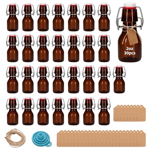30Pcs 2oz Swing Top Glass Bottles,Flip Top Glass Bottle with Lids Sealable Kombucha Bottle for Brew Beer Syrup Vanilla Extract Air Tight Bottles (Amber) - color: Amber