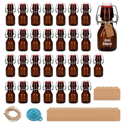 30Pcs 2oz Swing Top Glass Bottles,Flip Top Glass Bottle with Lids Sealable Kombucha Bottle for Brew Beer Syrup Vanilla Extract Air Tight Bottles (Amber) - color: Amber