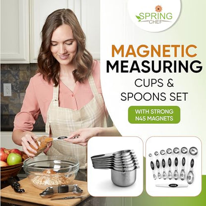 Spring Chef Magnetic Measuring Cups & Spoons Set, Patented, Strong N45 Magnets, Heavy Duty Stainless Steel Fits in Spice Jars for Baking & Cooking, BPA Free, Round Set of 15 with Leveler, Black - color: Black, size: Set of 15