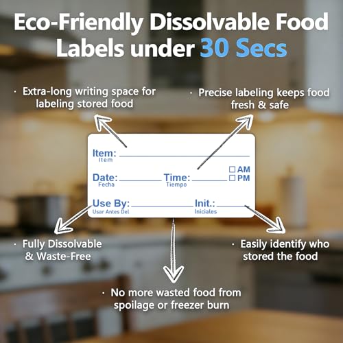2"x1" Instantly Dissolvable Food Labels Roll 200 Pcs, Fast Dissolve in 30 Sec, Zero Residue, Risepekt Removable Freezer Labels for Food Storage Containers, Perfect for Jar Bottles Glass Metal Plastic - color: Dissolvable Food Labels