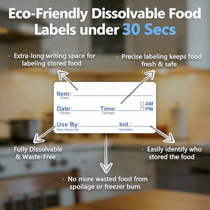 2"x1" Instantly Dissolvable Food Labels Roll 200 Pcs, Fast Dissolve in 30 Sec, Zero Residue, Risepekt Removable Freezer Labels for Food Storage Containers, Perfect for Jar Bottles Glass Metal Plastic - color: Dissolvable Food Labels