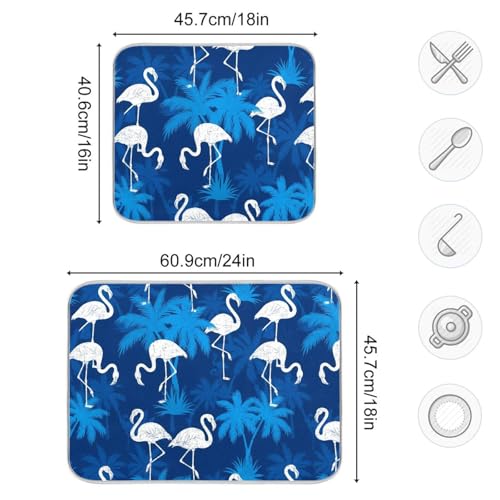 Flamingo Palm Trees Blue Dish Drying Mat for Kitchen Counter Super Absorbent Draining Mat with Non-slip Backed Dishwashing Mat for Dish Bottles Cups Bowl Countertops Sinks Draining Racks