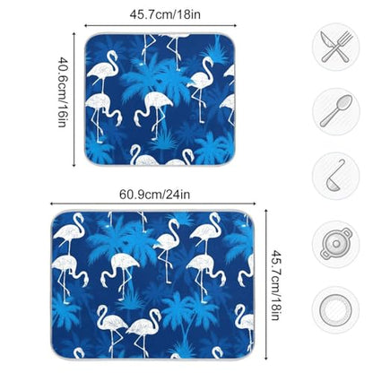 Flamingo Palm Trees Blue Dish Drying Mat for Kitchen Counter Super Absorbent Draining Mat with Non-slip Backed Dishwashing Mat for Dish Bottles Cups Bowl Countertops Sinks Draining Racks