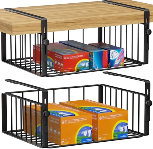 AmonHouseware 2Pack Under Shelf Basket Organizer,Adjustable Hanging Holder Storage for Cabinet Pantry Kitchen Cupboard Desk Counter Bookshelf Organization Add-on Space Saver Heavy Duty Slide-in,Black - color: Black