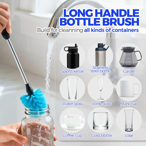 Holikme 4 Pack Bottle Brush Set, 14.5" Long Handle Stainless Steel Bottle Cleaner Brush, Long-Handled 4-in-1 Stainless Steel Bottle Brushes for Water Bottle, Cups, Abrasive Wheel Brushes, Blue - color: Blue