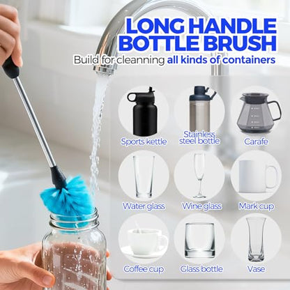 Holikme 4 Pack Bottle Brush Set, 14.5" Long Handle Stainless Steel Bottle Cleaner Brush, Long-Handled 4-in-1 Stainless Steel Bottle Brushes for Water Bottle, Cups, Abrasive Wheel Brushes, Blue - color: Blue