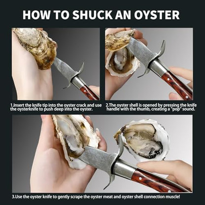Oyster Shucker, Oyster Shucking Knife for Oyster Clam Pearl Shell Shucking, 2 Set Oyster Shucking Tool Kit, 2 Stainless Steel Oyster Knifes with Wooden Handle 2 Pairs Oyster Shucking Gloves