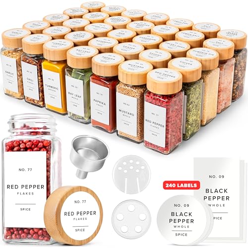 EDELHAUS® Square Spice Jars with Bamboo Wooden Lid (Pack of 36) Spice Jars with Shaker Insert and 240 Labels - Bamboo Lid Glass Container for Spice Organisation [4.3 in × 1.8 in] - color: 36x Bamboo Jars White Stickers