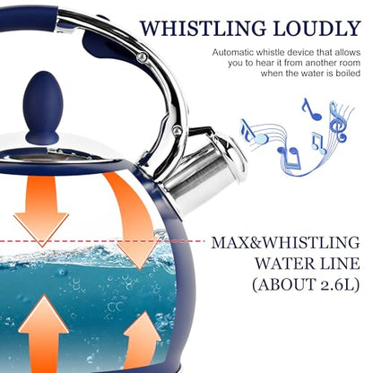 SUSTEAS Stove Top Whistling Tea Kettle - Food Grade Stainless Steel Teakettle Teapot with Cool Touch Ergonomic Handle, With 1 Silicone Pinch Mitt Included, 2.64 Quart,NAVY BLUE - color: Navy Blue