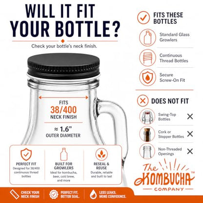 Metal Growler Caps For 1-Gallon & 1/2-Gal Sized Glass Growler Jugs - 1.5" (38mm) Dia, Made in USA - Beer/Kombucha/Homebrew Bottle - Food Grade Lid w/Continuous Thread & Plastisol Liner (3, Black) - color: Black