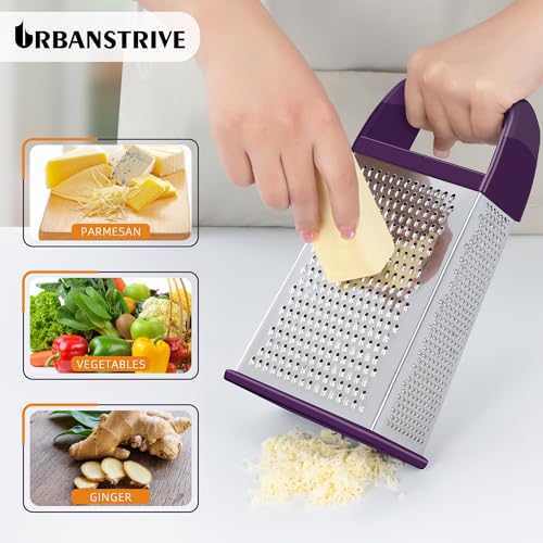 Urbanstrive Cheese Grater With Container, Professional Cheese Grater with Handle, Stainless Steel Graters for Kitchen Handheld, Box Grater with 4 Sides for Vegetables, Ginger, Potatoes (Purple) - color: Purple