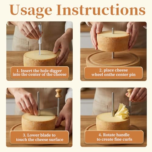 ZZXLLLO Girolle Cheese Curler Shaver Wheel – Stainless Steel Cheese Slicer Flower Maker Tool for Tête de Moine – Wood Base with Dome Lid, Sharp Blade, Hole Cutter, Gift Boxed - color: Wood