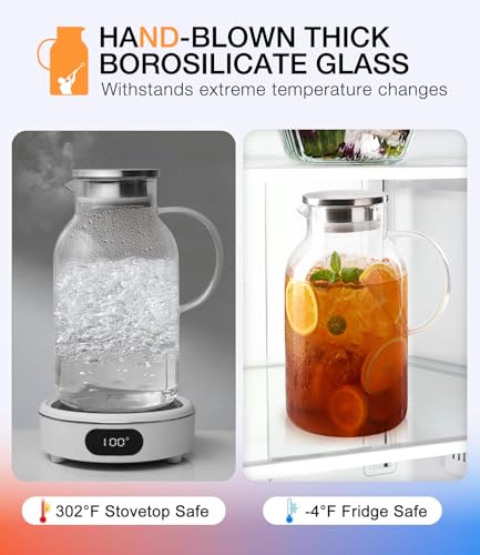 LUNA&MANTHA 1 Gallon Glass Pitcher with Lid and Spout, 128oz Water Pitcher with Handle for Fridge, Large Iced Tea Jug for Juice, Coffee, Sangria, Beverage, Borosilicate Glass Carafe Hot/Cold Drink - color: 1Gallon