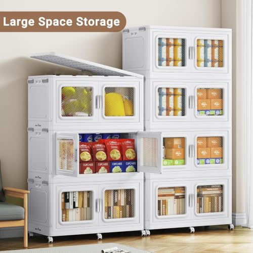 BROVIEW 900Qt Large Stackable Storage Bin Only One Lid, 225Gal Stackable Storage Bins Open Front with Wheels, Plastic Storage Cart Organizer and Storage for Home Kitchen, 3Packs, White