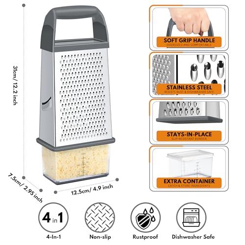 Urbanstrive Cheese Grater With Container, Professional Cheese Grater with Handle, Stainless Steel Graters for Kitchen Handheld, Box Grater with 4 Sides for Vegetables, Ginger, Potatoes (Grey) - color: Gray