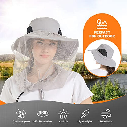 Mosquito Head Net Hat - Bug Cap UPF 50+ Sun Protection with Hidden Netting for Beekeeping Hiking Women - color: Light Grey(removable Bug)
