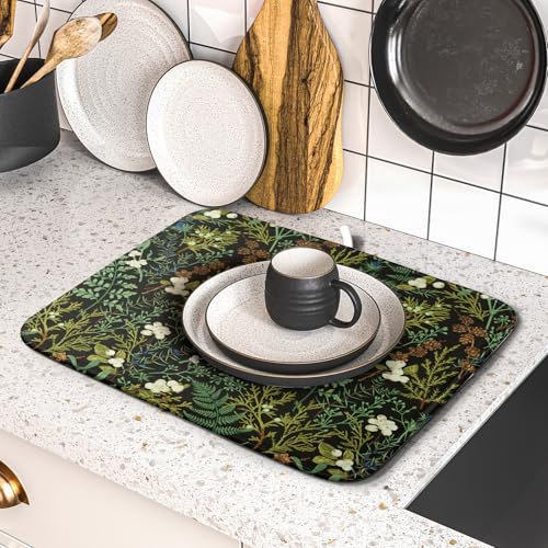 Green Plants Dish Drying Mat for Kitchen Counter Microfiber Absorbent Dish Draining Reusable Washable Foldable 16"x18" - size: 18" x 16"
