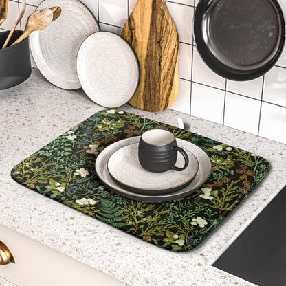 Green Plants Dish Drying Mat for Kitchen Counter Microfiber Absorbent Dish Draining Reusable Washable Foldable 16"x18" - size: 18" x 16"