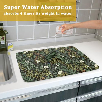Green Plants Dish Drying Mat for Kitchen Counter Microfiber Absorbent Dish Draining Reusable Washable Foldable Extra Large 18"x24" - size: 24" x 18"