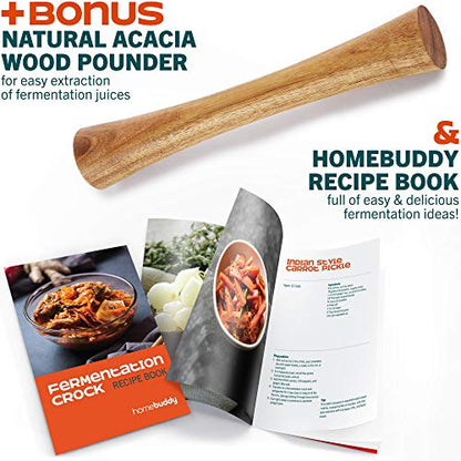 HomeBuddy Fermentation Crock (1 Gallon) with Weights, Acacia Wood Pounder and Recipie Book - Sauerkraut Fermentation Kit, Onggi Kimchi Jar, Fermenting Crock for Pickling or Sourdough - color: Black