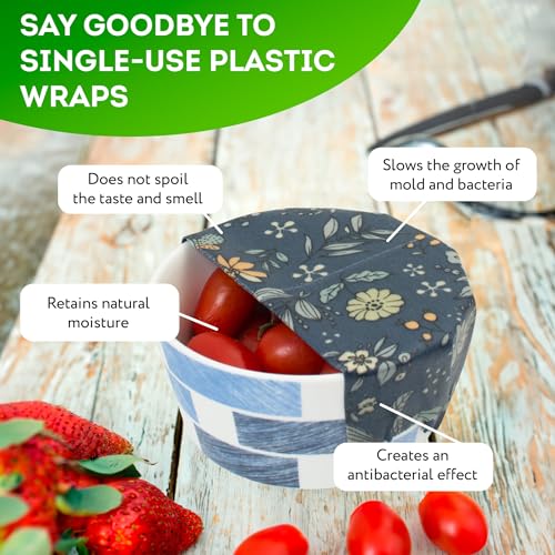 Pack of 3 Food Wraps with Flower Print. Washable Reusable Food Wrap for Sandwiches, Dough Covering. Organic Wraps for Food Reusable