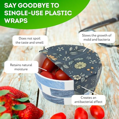 Pack of 3 Food Wraps with Flower Print. Washable Reusable Food Wrap for Sandwiches, Dough Covering. Organic Wraps for Food Reusable
