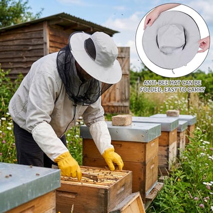 Sucrain Beekeeping Gloves Hats Set Thick Leather Bee Gloves with Ventilated Sleeves & Bee Keeper Fencing Veil Mosquito Hats Bee Outfit for Backyard and Beekeeping