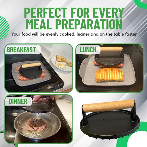 Evelots Cast Iron Burger Press - Heavy Duty Pre-Seasoned Burger Smasher for Grill - Weighted Press for Meat, Grilled Cheese, Panini - Cook Evenly & Faster - Round Wood Handle