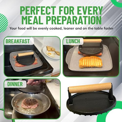 Evelots Cast Iron Burger Press - Heavy Duty Pre-Seasoned Burger Smasher for Grill - Weighted Press for Meat, Grilled Cheese, Panini - Cook Evenly & Faster - Round Wood Handle