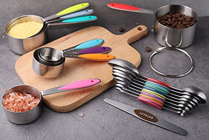 Measuring Cups and Spoons Set Stainless Steel Including 8 Stackable Measuring Cup 8 Double Sided Magnetic Measuring Spoons with 1 Leveler for Dry and Liquid Ingredients - color: Multicolor