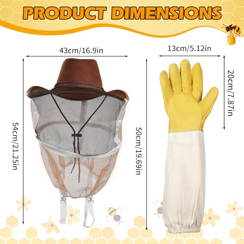 4-Pack Beekeeping Gloves & Hat Set - 2 Pack Beekeeping Veil Bee Keeper Hats and 2 Pack Thick Goatskin Leather Bee Gloves with Ventilated Sleeves, Outdoor Professional Beekeeping Protective Gear