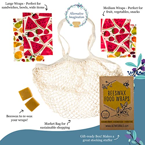 7 Pc Beeswax Wraps for Food Snacks, Sandwich, Bread - Reusable Eco Friendly Kitchen Storage and Zero Waste - 4 Wraps, 2 Beeswax Bars and Cotton Mesh Market Bag - Alternative Imagination