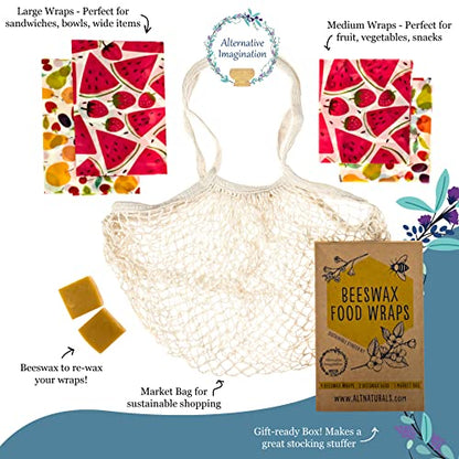 7 Pc Beeswax Wraps for Food Snacks, Sandwich, Bread - Reusable Eco Friendly Kitchen Storage and Zero Waste - 4 Wraps, 2 Beeswax Bars and Cotton Mesh Market Bag - Alternative Imagination