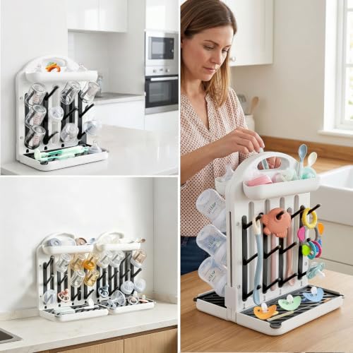 Baby Bottle Drying Rack 2 Pack, 24-Hook Modular Vertical Bottle Drying Rack for Baby Bottles, Pump Parts and Pacifiers, Space Saving Countertop Baby Bottle Organizer with Stable Base and Drip Trays