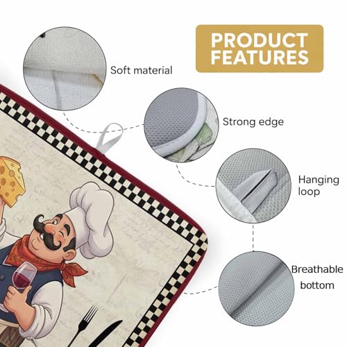 Dish Drying Mat for Kitchen Counter, Chef with Cheese Absorbent Dish Mats Foldable Microfiber Drainer Pad 1PCS 18"x24", Wine Bottle Black Plaid Frame Plate Holder Mat for Countertop Sink Decor - size: 1PCS-18x24in