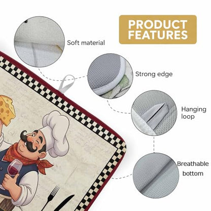 Dish Drying Mat for Kitchen Counter, Chef with Cheese Absorbent Dish Mats Foldable Microfiber Drainer Pad 1PCS 18"x16", Wine Bottle Black Plaid Frame Plate Holder Mat for Countertop Sink Decor - size: 1PCS-16x18in
