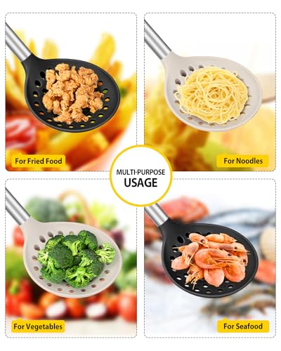 Kitchen Ladle Strainer Set of 2 Large Slotted Spoon with High Heat Resistant BPA Free Non Stick Cooking Skimmers For Draining and Frying (Black-Khaki) - color: Black+Khaki