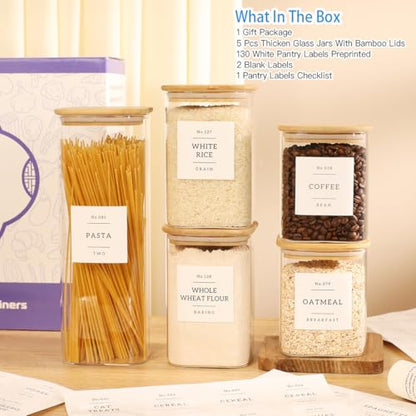 5 Pack Square Glass Pantry Storage Containers with 132 Kitchen Food Pantry Labels - Clear Glass Pantry Jars with Airtight Wood Bamboo Lids - Glass Canisters for Pasta, Cereal, Coffee, Flour, Sugar - size: 5pack